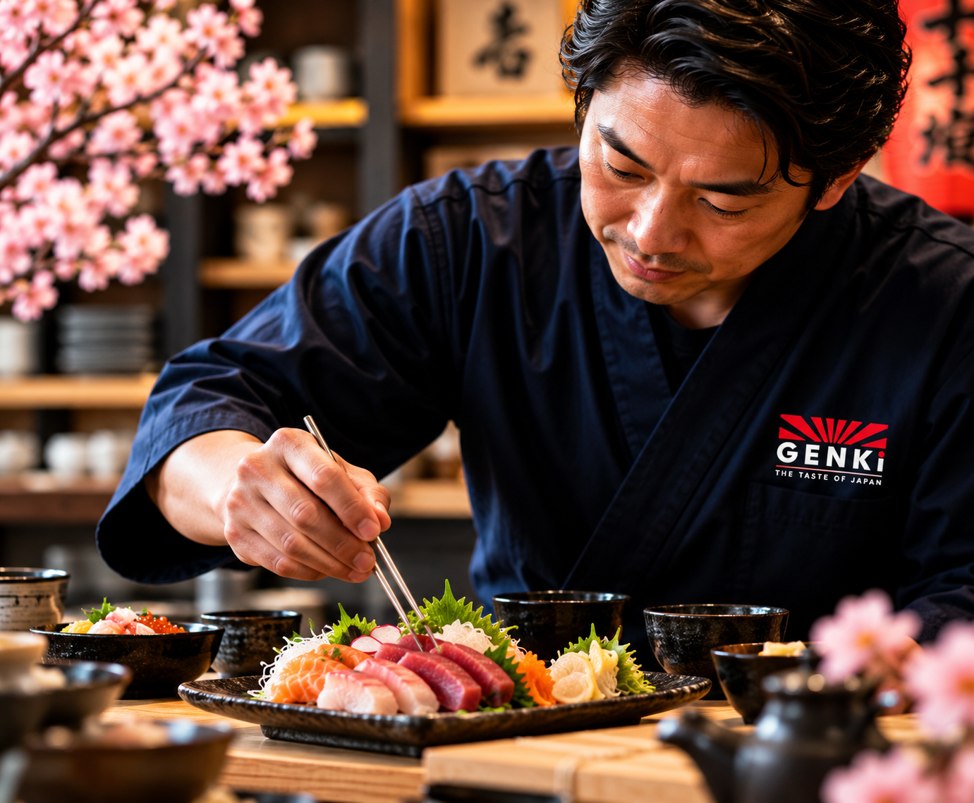 Japanischer Koch bereitet Sushi zu; das GENKI-Logo ist auf der Kochjacke sichtbar