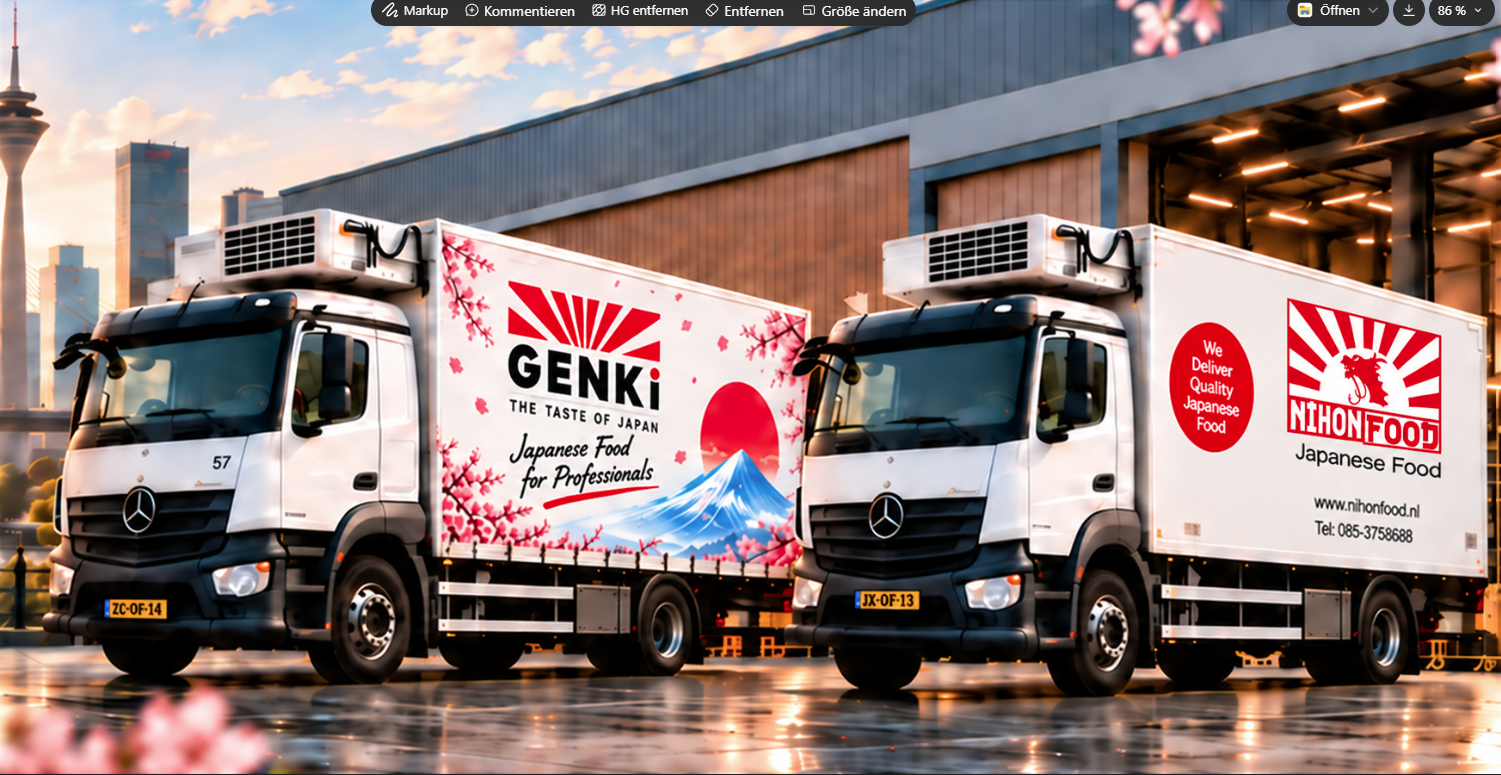 Genki Food und Nihon Food Lieferfahrzeuge; auf dem rechten Lkw ist das Nihon Food Logo zu sehen